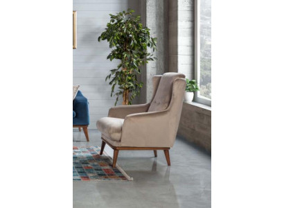 Beige Design Fauteuil Eenpersoons Woonkamer Textiel Stijl Houten Meubels