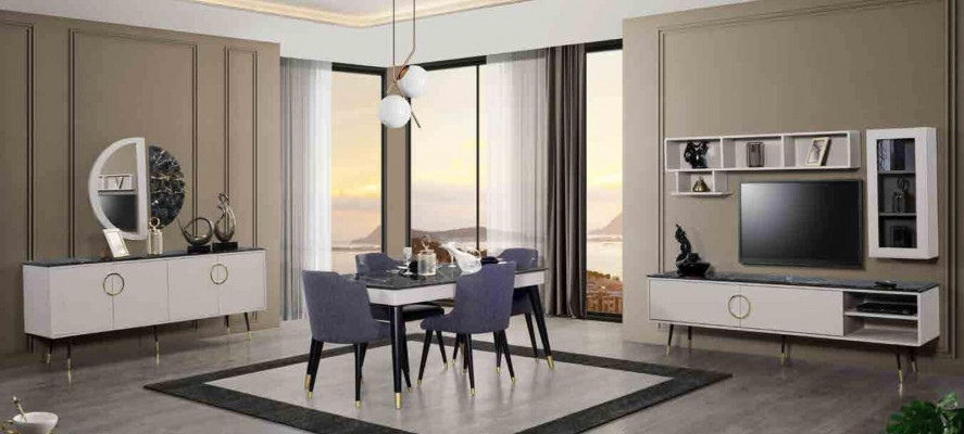 Luxe eetkamertafel ontwerp 4x stoelen eetgroep fauteuils set meubilair