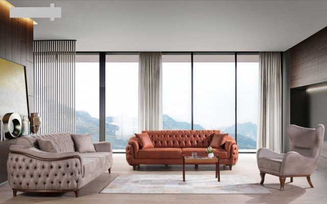 Beige Chesterfield Bank Driezits Zitkussen Bank Meubels Fluweel Hout