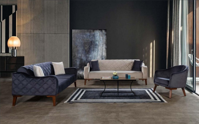 Woonkamer bankstel Bankstel 3+3+1 Blauwe bekleding Set Stoel Textiel Woonkamer bankstel Bankstel 3+3+1 Blauwe stoffering Set Stoel Textiel