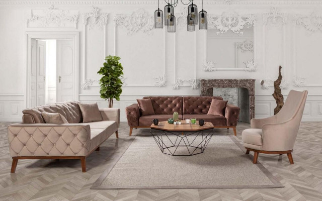 Bankstel Bank 3+3+1 zit Bruin Fauteuil Stof Chesterfield Velours