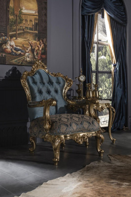 Fauteuil Blauw Elegant Woonkamer Bekleding Stof Ontwerp Klassiek Luxe Mooi Nieuw