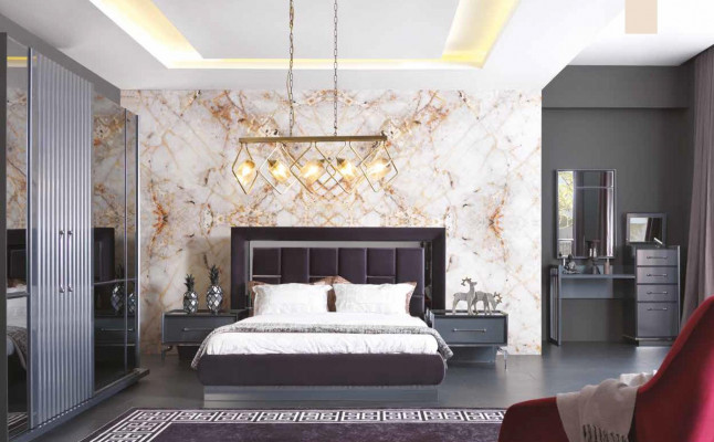 Modern slaapkamer set grijs Bed 2x Nachtkastje Kledingkast Commode 5-delig.