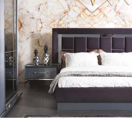 Modern slaapkamer set grijs Bed 2x Nachtkastje Kledingkast Commode 5-delig.