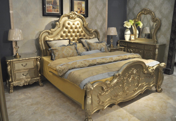 Bed + 2x bedside table 3-piece bedroom set Designer luxury bedroom Baroque