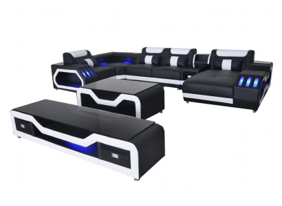 Leren bankstellen hoekbank ontwerp bank woonlandschap + salontafel + RTV USB nieuw