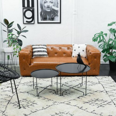 Amerikaanse stijl Chesterfield bankstel van leer, driezits bruin.