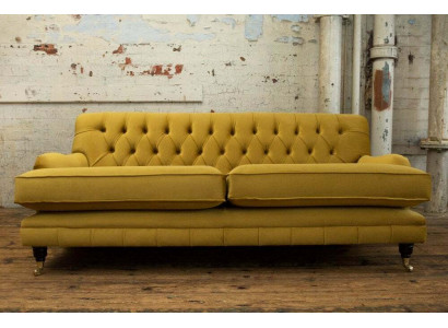 Gele Chesterfield stoffen bekleding driezits woonkamer bank ontwerp