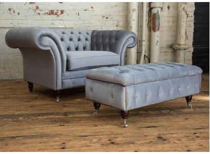 Chesterfield hocker voetstoel poef ottoman bijzet relax textiel leer nieuw