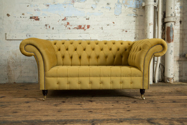 Chesterfield bank 2-zits designer gestoffeerde bankstel gele fluweel nieuw