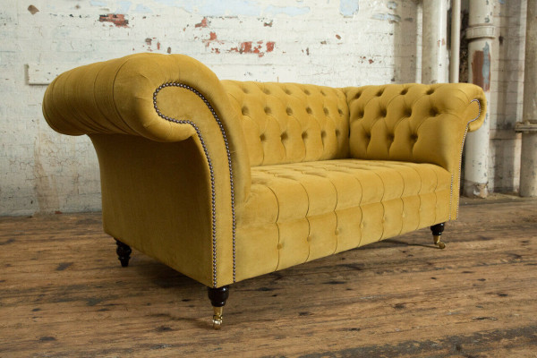 Chesterfield bank 2-zits designer gestoffeerde bankstel gele fluweel nieuw