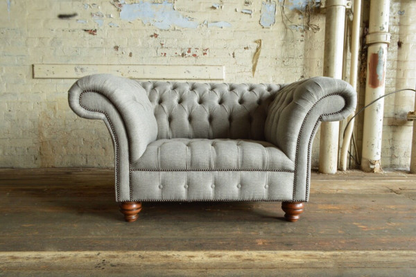 Chesterfield Design Stoffbank Fauteuil 1,5 zits Gestoffeerde Sofa Lounge Grijs Fluweel