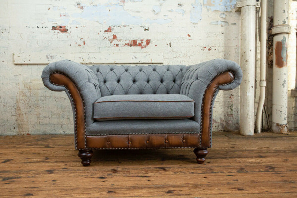 Chesterfield Design Stof Bankstel Fauteuil 1,5-zits Bekleding Sofa's Lounge Fluweel Grijs