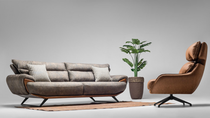 Stoffen bankstel groep, driezitsbank, fauteuil, bank, stoffensofa, grijs set