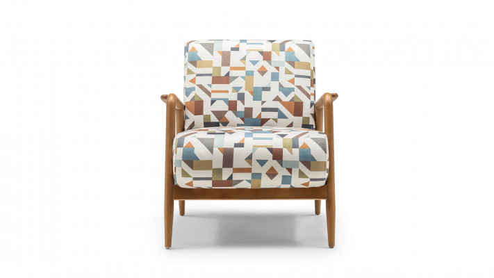 Stoffen fauteuil, fauteuil, woonkamer, oorfauteuil, meerkleurige stoffering, hout