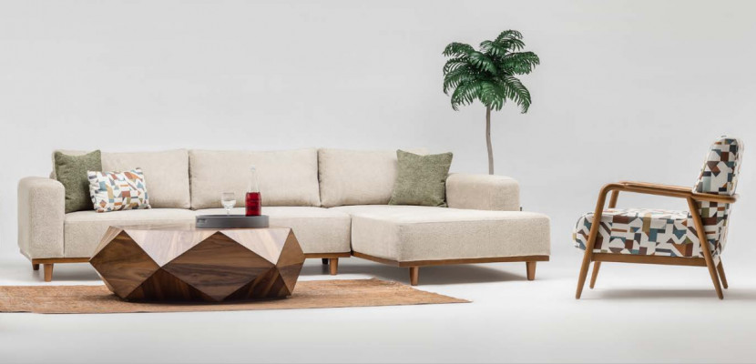 Compleet hoekbank L-vorm fauteuil stoffen bank beige sofa bankstel