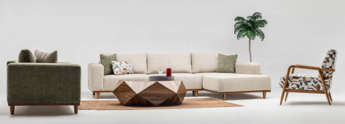 Garnituur L-vormige hoekbank stoffen driezitsbank beige fauteuil.