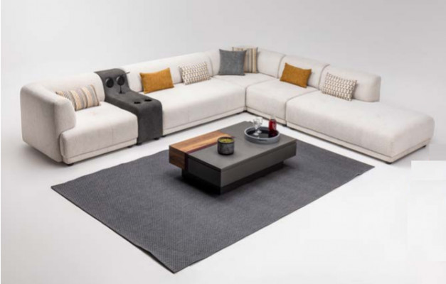 Modulaire bankhoekbank L-vorm stoffen bank gestoffeerde bank beige bank sofa.