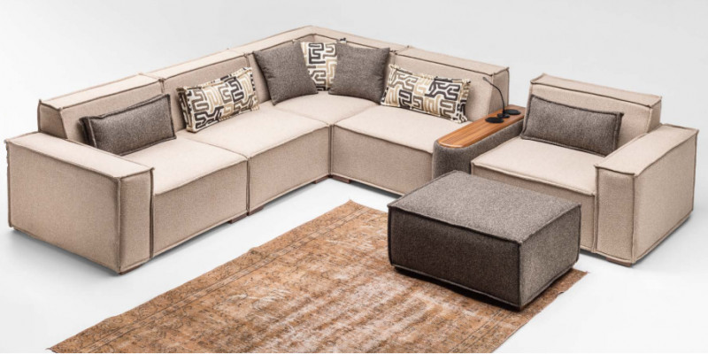 Compleet hoekbank L-vorm hocker stoffen bank beige sofa couch