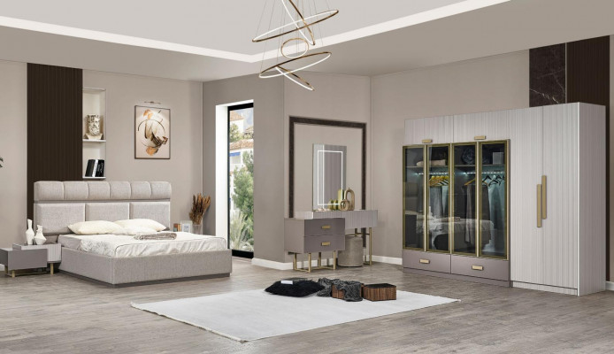 Slaapkamer set tweepersoonsbed nachtkastjes kast console beige 5-delig