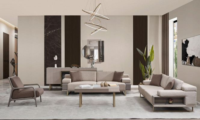 Compleet driezitsbank fauteuil beige gestoffeerde sofa stoffenbank set 3-delig.