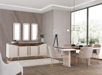 Eetgroep Eetkamer Eethoek Eettafel Stoelen Dressoir Hout Beige 8-delig