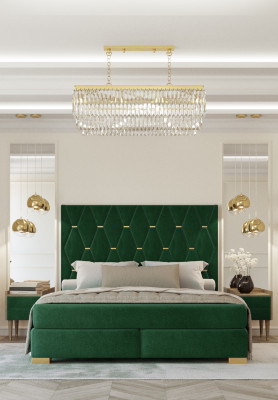 Stijlvolle groene slaapkamer met tweepersoons bed frame van hout en nachtkastjes