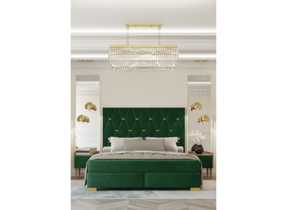 Stijlvolle groene slaapkamer met tweepersoons bed frame van hout en nachtkastjes