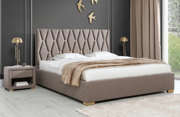 Bruin textiel bed designer gestoffeerde nachtkastjes slaapkamer meubels 3-delig