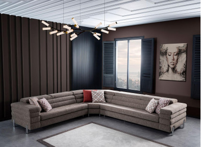 Modern beige L-vorm hoekbank woonkamer gestoffeerde banken houten frame.