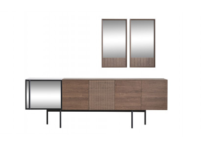 Bruine eethoek set, designer houten dressoir met luxe spiegel, 2-delig.