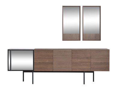 Bruine eethoek set, designer houten dressoir met luxe spiegel, 2-delig.