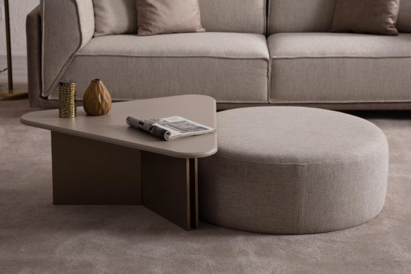 Beige woonkamer set designer houten salontafel beklede hocker 2-delige set