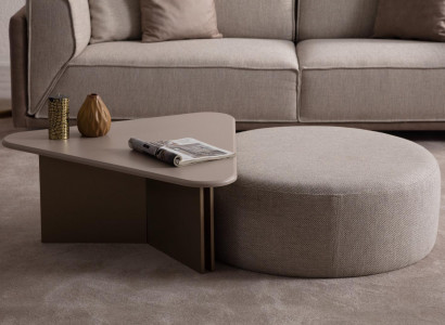Beige woonkamer set designer houten salontafel beklede hocker 2-delige set