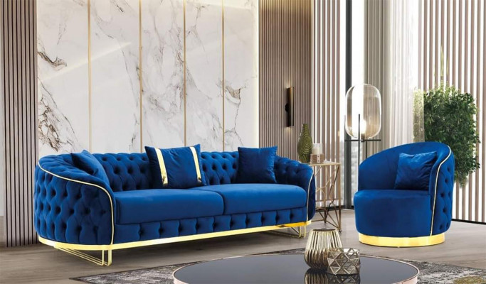 Ontwerper Blauw Kleur Woonkamer Set bestaande uit een 3-zitsbank en een fauteuil 2-delig.