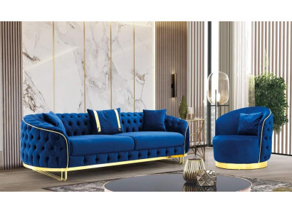 Ontwerper Blauw Kleur Woonkamer Set bestaande uit een 3-zitsbank en een fauteuil 2-delig.