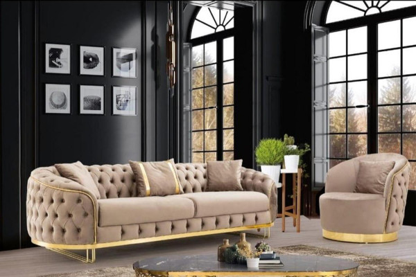 Designer woonkamerset bestaat uit een 3-zits bank en 2 fauteuils 3-delig.