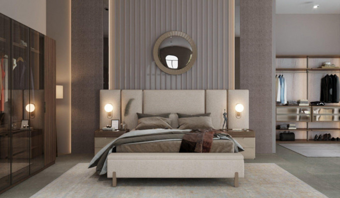 Modern slaapkamer set bestaande uit een bed met bank en 2x nachtkastjes, 3-delig nieuw.