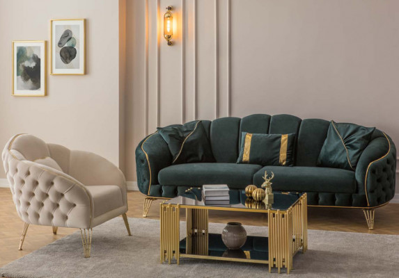 Modern Chesterfield Groen Sofa 3-Zitsbanken Driezitter Nieuw Textiel Metaal