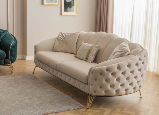 Modern beige woonkamer set sofa 3-zits fauteuil textiel fauteuil woonkamer