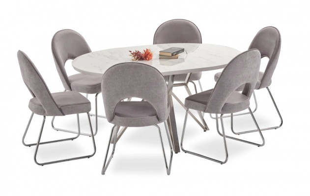 Luxe eethoek set eettafel 4x stoelen hout stoel textiel eetset garnituur nieuw