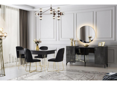 Eetkamer-set 6-delig Eettafel Stoelen Dressoir met Spiegel Donkergrijs Effen Kleur