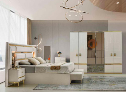 Slaapkamer set 4-delig bed nachtkastjes kledingkast wit goud tweekleurig
