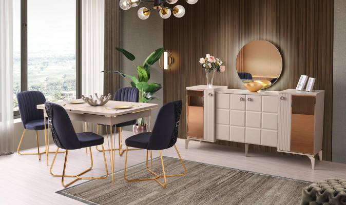Eetkamer-Set 6-delig Beige Eettafel Stoelen Dressoir met Spiegel Modern Design