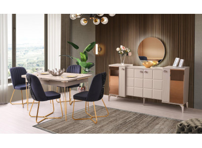 Eetkamer-Set 6-delig Beige Eettafel Stoelen Dressoir met Spiegel Modern Design