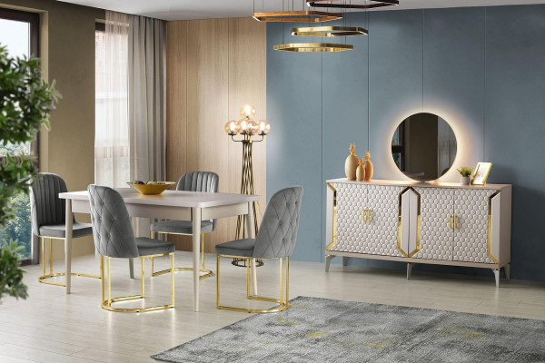 Eetkamer-Set 6-delig Eettafel Stoelen Dressoir met Spiegel Modern Grijs Effen Kleur