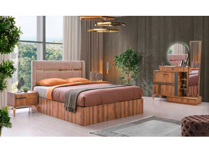 Bruin-roze slaapkamer set designer textielbed kaptafel spiegel 4-delig.