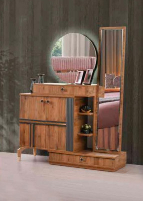 Bruin houten kaptafel moderne rechthoekige kaptafel ronde spiegel