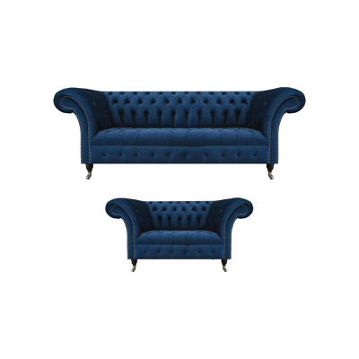 Adellijke Chesterfield bankstel designer blauwe driezitsbank 2-zitsbekleding