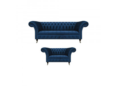Adellijke Chesterfield bankstel designer blauwe driezitsbank 2-zitsbekleding
